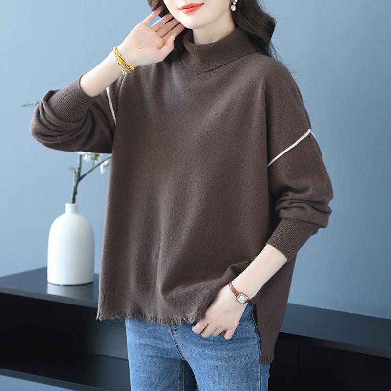 Women's Mid-Length High Neck Wool Sweater with Tassel - Loose Fit, Autumn/Winter Fashion.