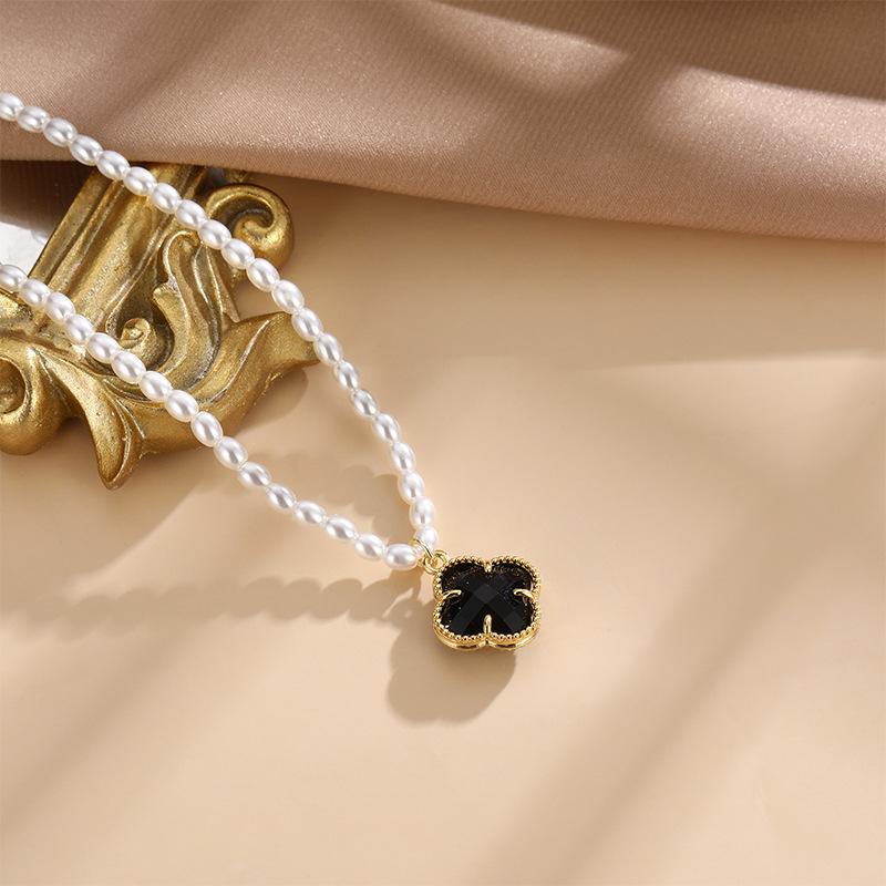 Four-Leaf Clover Pearl Necklace Women'S High-Value Retro Trend Versatile Exquisite Collarbone Chain