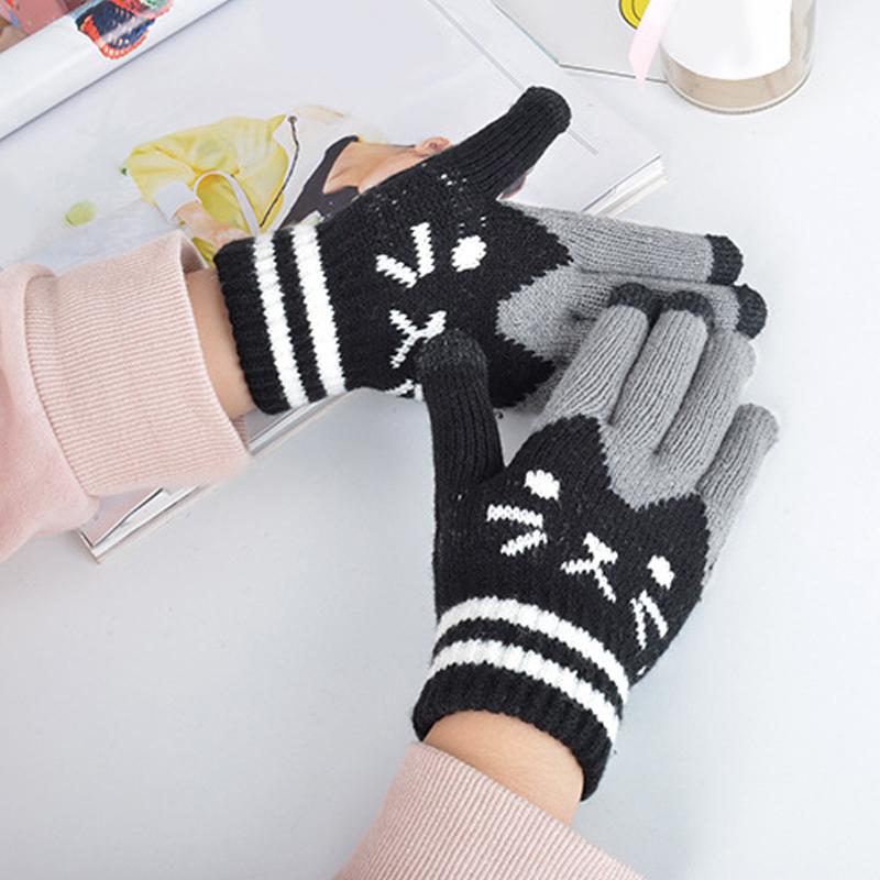 Zimní Kočičí Žakárové Všestranné Zesílené Teplé Pletené Rukavice Hravé Rukavice s Plnými Prsty Roztomilé Vícebarevné