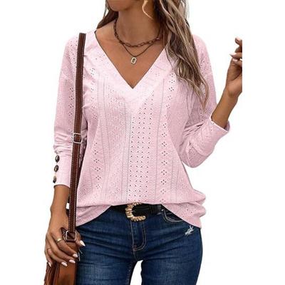 Women's Fashionable Casual V-neck Long Sleeved Button Hollow Lace Embroidery Shirt Blouses & Shirts