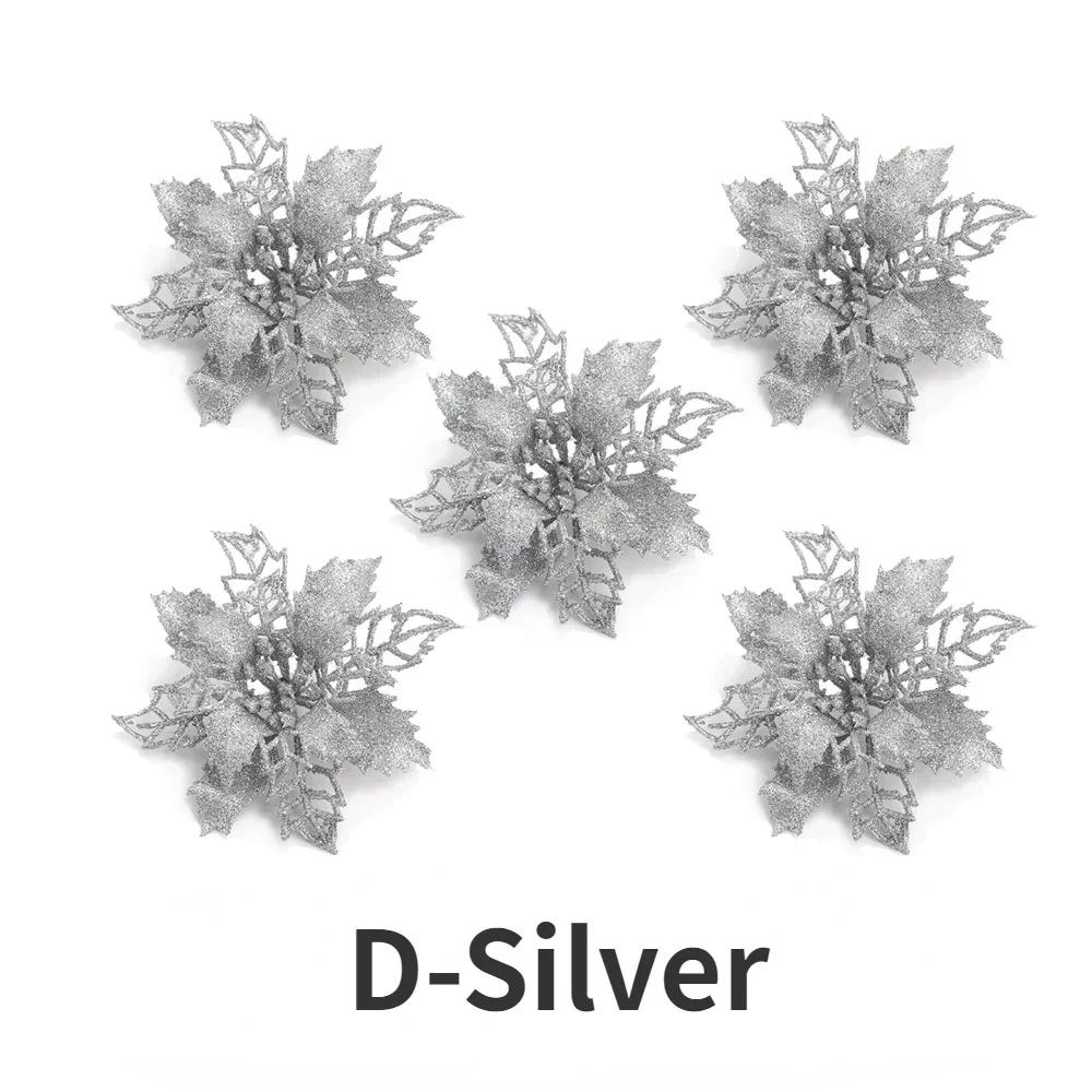 20/5PCS Artificial Glitter Christmas Flowers with Clip Xmas Tree Hanging Ornament Fake Flower New Year Party Home Decor Supplies