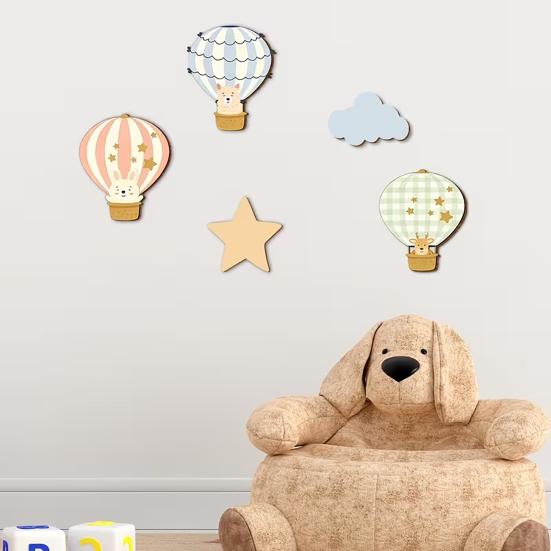 5 Pcs Star Cloud Hot Air Balloon Nursery Decor Boho Wooden Wall Hanging Sign for Bedroom Classroom Playroom Baby Shower Decoration