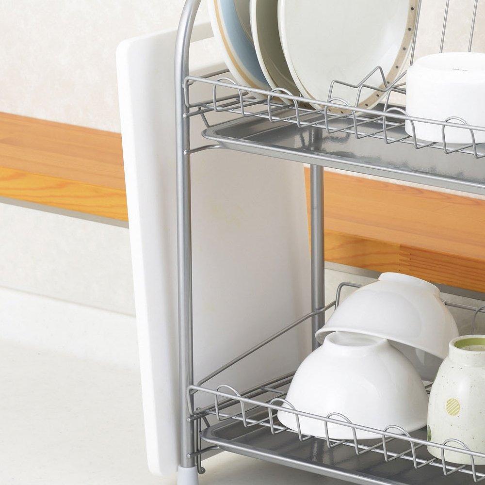 Wahei Freiz Iron Dish Drainer, Plonge, 2-Tier, Slim, Powder Coated, with Cutlery Pocket and Cutting Board Holder, PM-9016