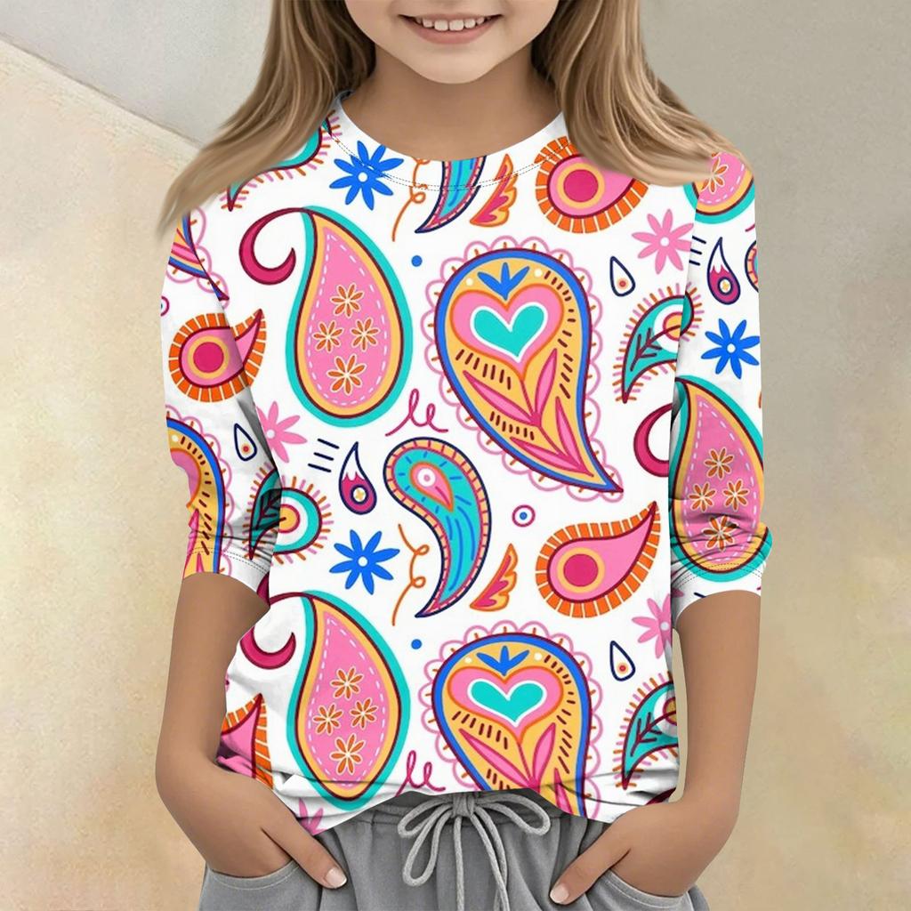 Children's Printed Round Neck Seven Quarter Sleeve Casual T-shirt