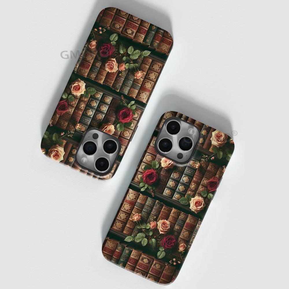 Processed literary and artistic fan retro rose bookshelf flower apple 16 magnetic mobile phone case iPhone17 protective case