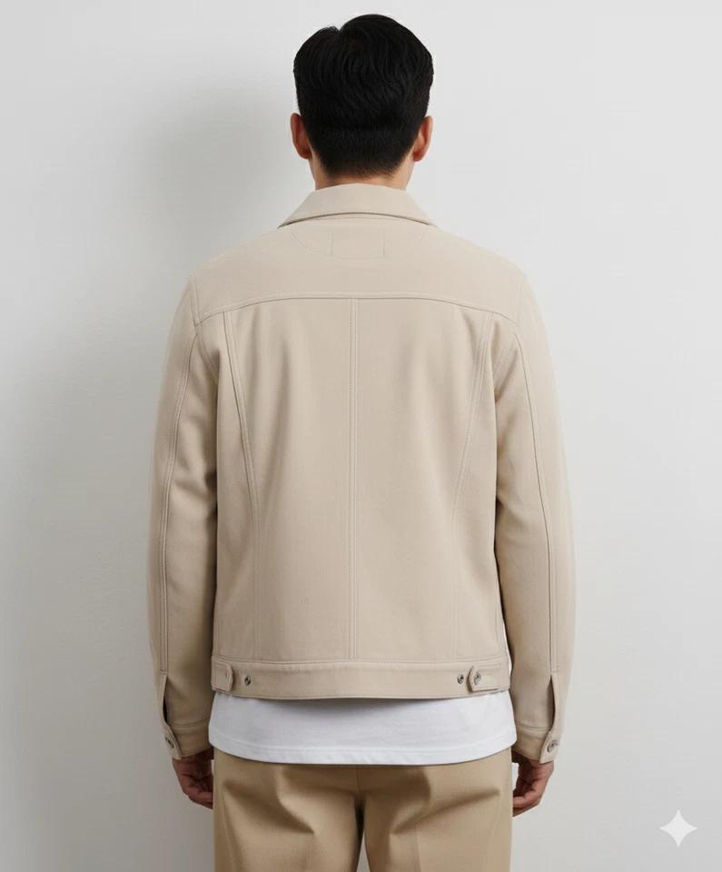 Handgefertigt Trucker Beige Stilvoll Wildleder Lammfell Leder Lässig Herren Echte Jacke