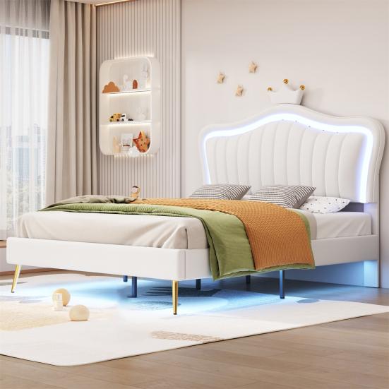 Bedroom Bed Upholstered Frame with Adjustable Headboard Height Double 4 Automatic Switching Mode Apartment Furniture LED Light Strip Higher