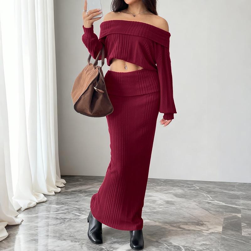 Women's Fashion Casual Solid Color Print Autumn Winter Long Sleeve One Shoulder Skirt Suits
