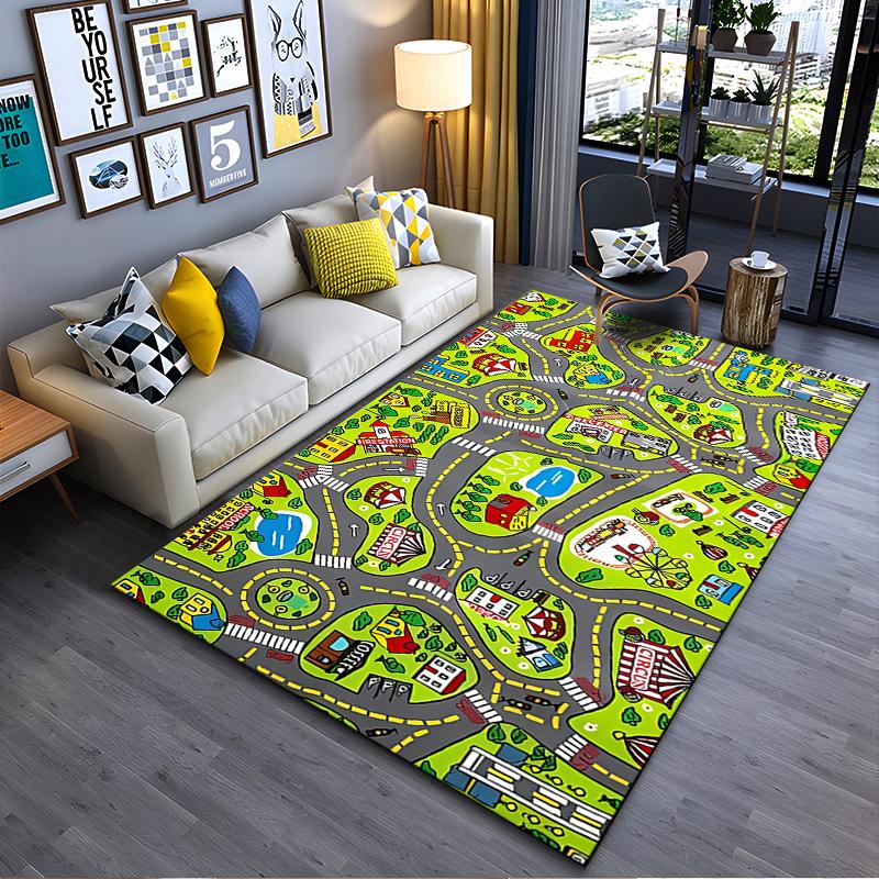 Colorful Cartoon City Road Map for Kids Playtime Non-slip Rug Suitable for Living Room and Bedroom Sofas