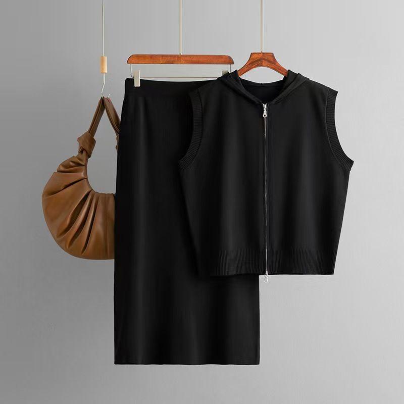 

Fashion Style New Arrival Knitting Hooded Vest Skirt Two-Piece Suit Knitted Vest and Skirt Set Black All yards