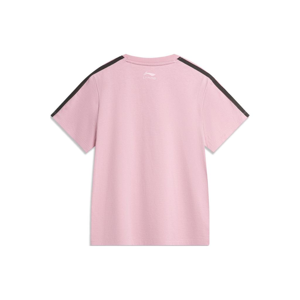Li-Ning American Vintage Letter Logo Print Round Neck Soft Comfortable Short Sleeve T-Shirt Women Tops Sheer-Pink AHSU712-6