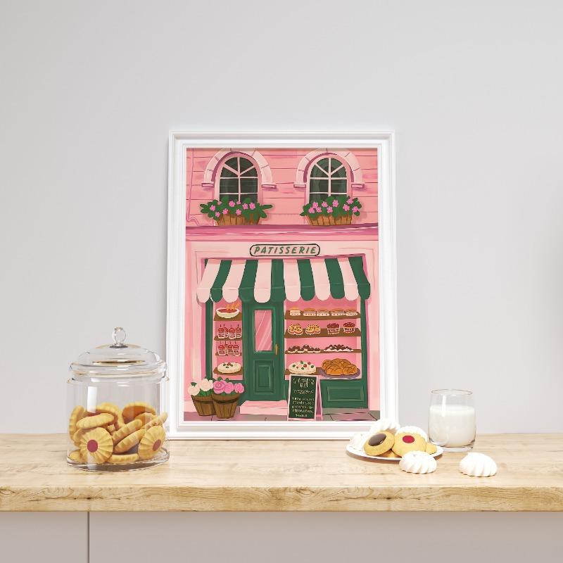 Coffee Shop City Bakery Illustration Croissants and Cookies Art Poster Canvas Painting Wall Print Picture for Kitchen Home Decor