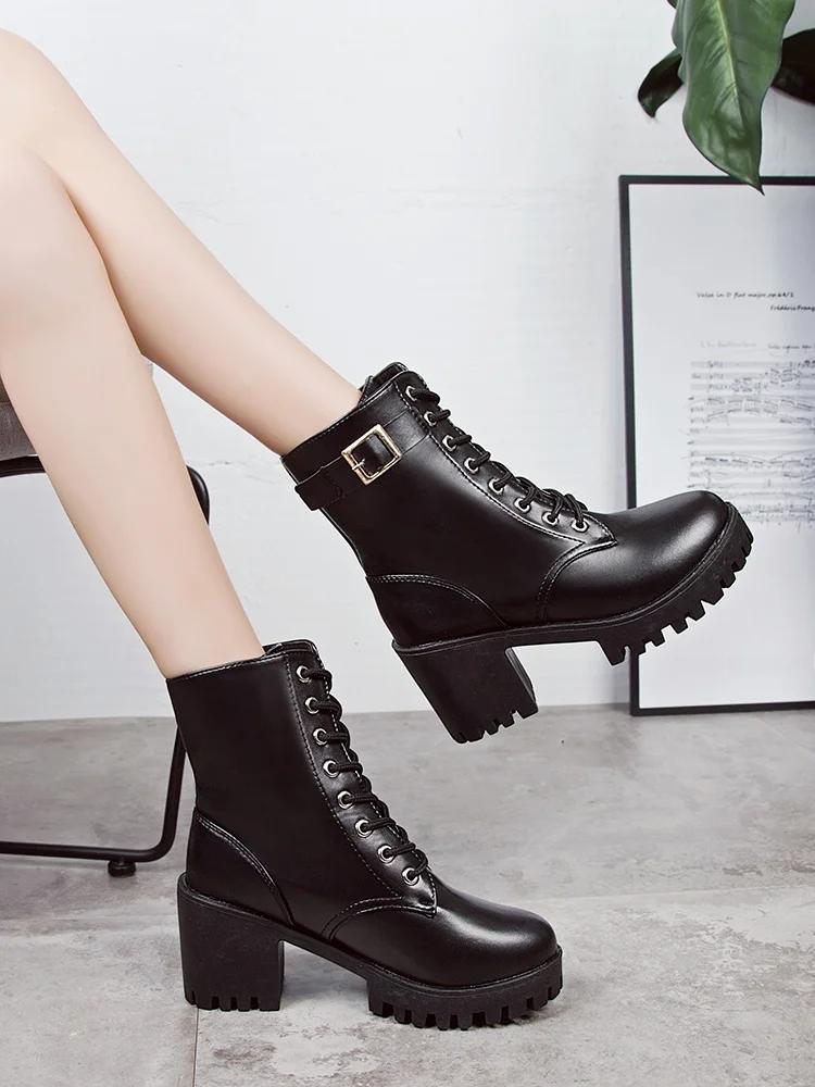 Autumn new single boot lace up black round toe thick heel high-heeled belt buckle women's short boots trend