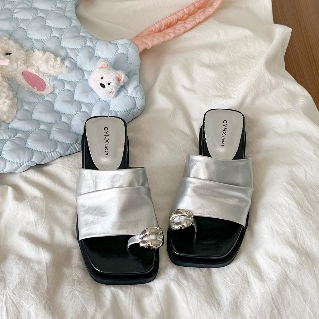 2025 summer retro metal buckle cover toe high heeled slippers fashion outer wear temperament beach toe drag Roman shoes women