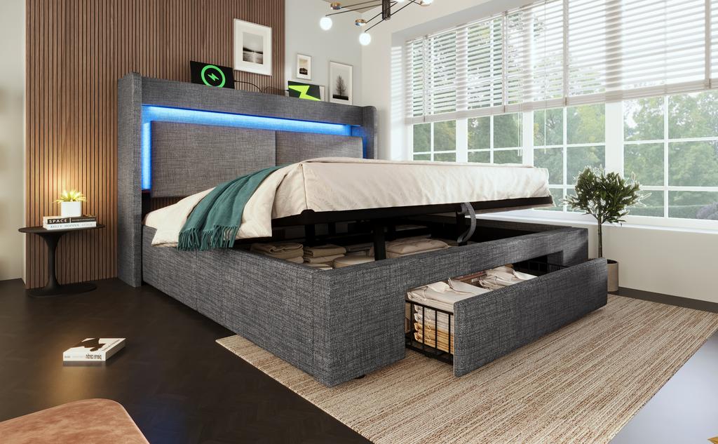 Upholstered Bed 160x200 Cm with Hydraulic Storage, Headboard Compartment, LED Lighting, USB & USB-C Port, Wood Slat Frame, Grey, Linen, No Mattress