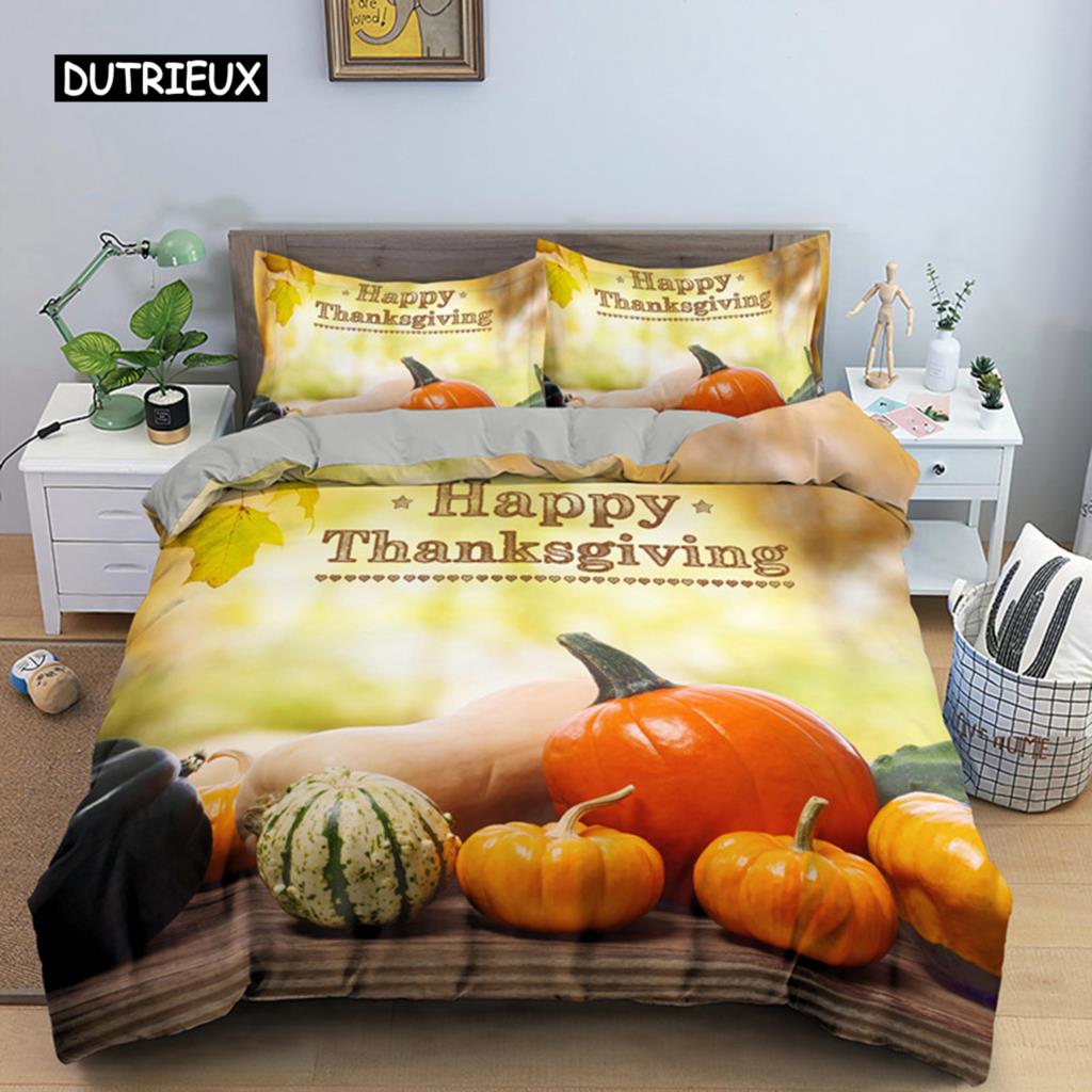 Autumn Thanksgiving Day Duvet Cover King Queen Cartoon Orange Pumpkin Turkey Bedding Set Maple Leaves Soft Polyester Quilt Cover