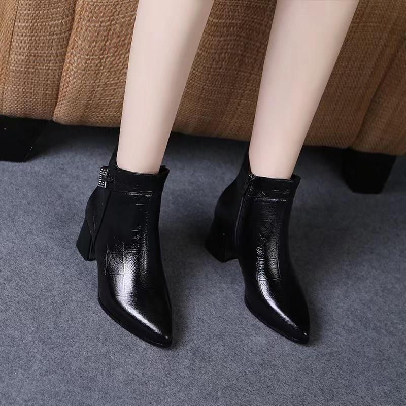 Soft leather thick heel high heel autumn and winter new short boots women's fashion versatile pointed non-slip side zipper Martin boots