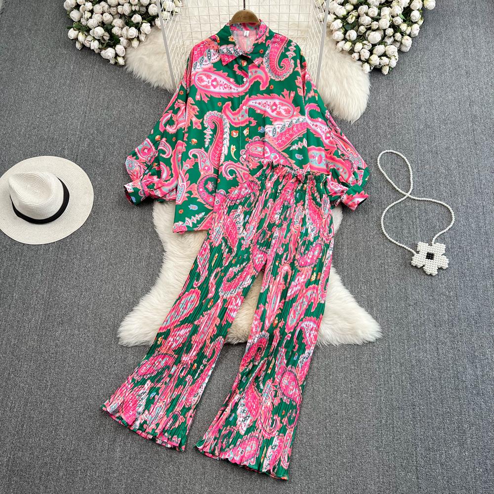 Mulheres pijamas floral casual elegante 2 peças conjunto camisas soltas topos perna larga calça terno moda feminina vintage sexy pijamas novo