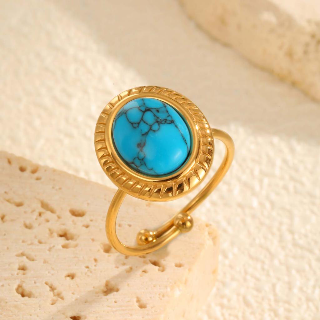 Chic Oval Light Blue Cat Eye Opening Ring,Gold Color Women's Stainless Steel Rings,Trendy Jewelry Mother's Day Gift