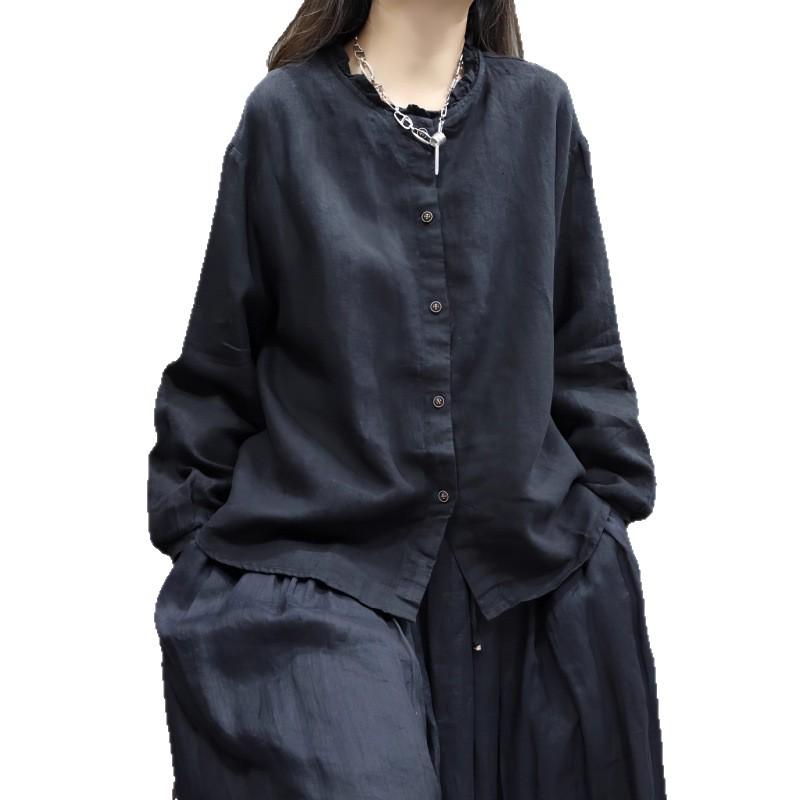 Spring 2025 Washed Cotton Linen Long Sleeve Casual Retro Loose Top