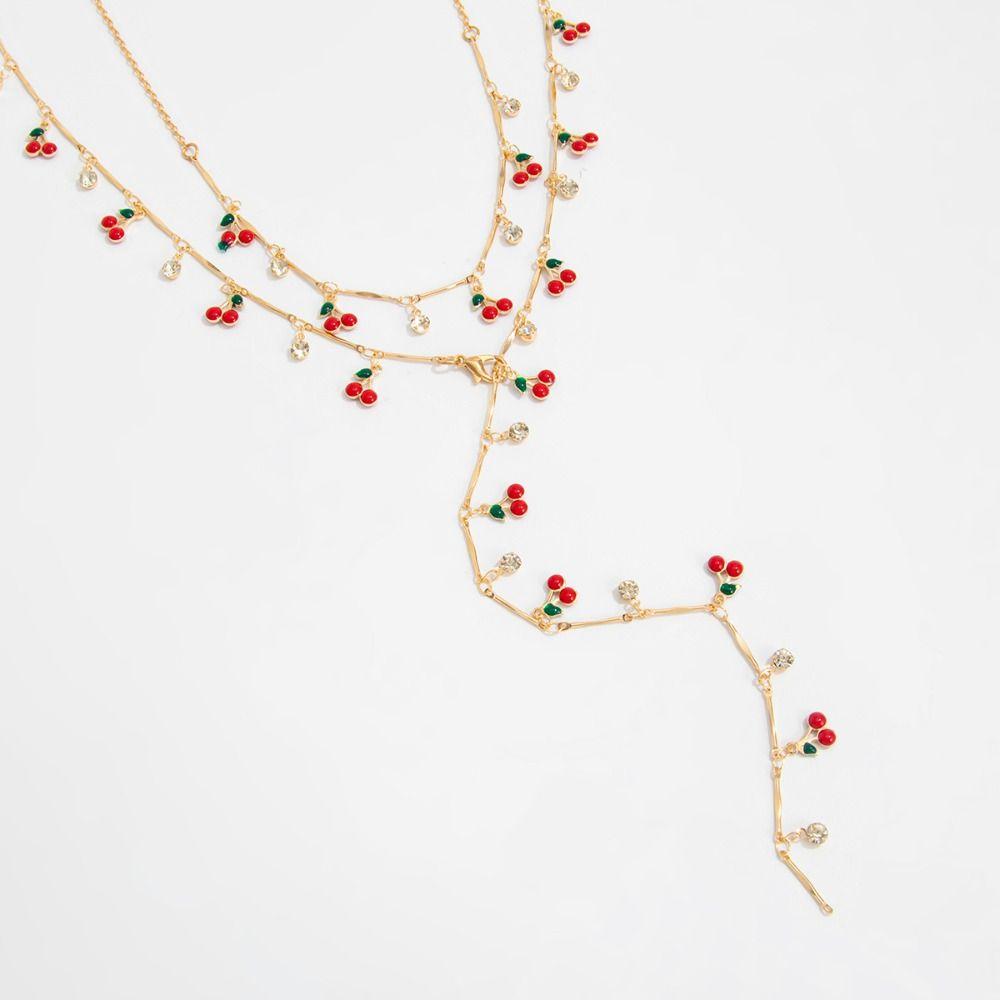 Silver Y-shaped Cherry Necklace Gold Women Long Necklace Retro Crystal Necklace  Party Jewelry