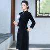 Slim Fit Black Dress Women Vintage Chinese Style Long Sleeve Midi Wear