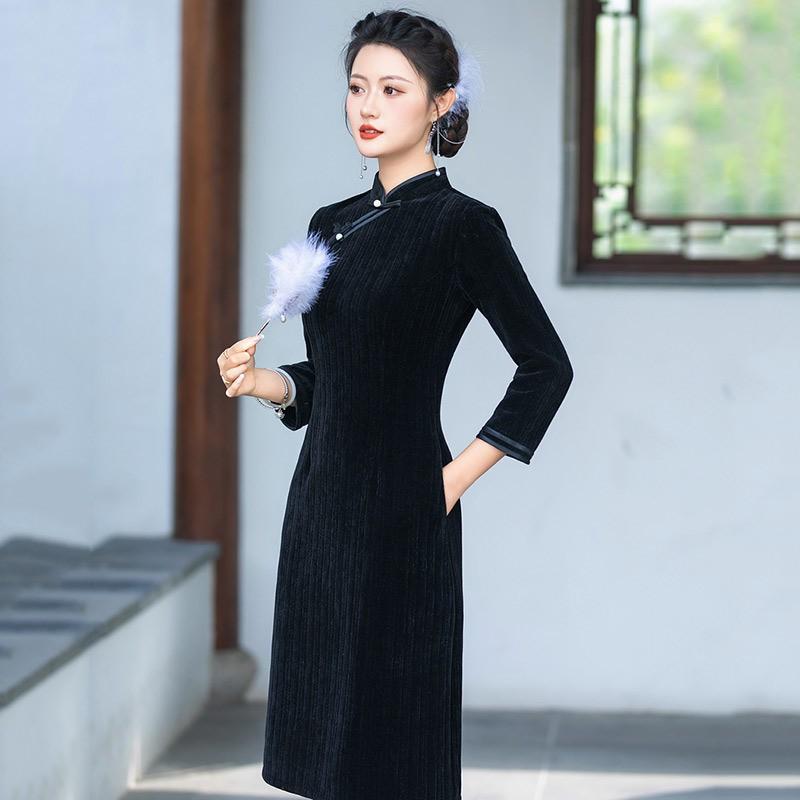 Slim Fit Black Dress Women Vintage Chinese Style Long Sleeve Midi Wear