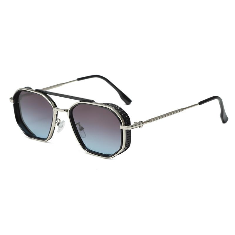 Double beam metal punk sunglasses men's, women's retro ins style European and American ink polygon personalized glasses