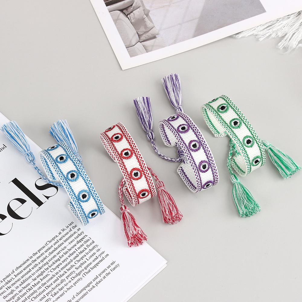 Handmade Evil Eye Tassel Bracelet - Lucky Woven Ribbon Design