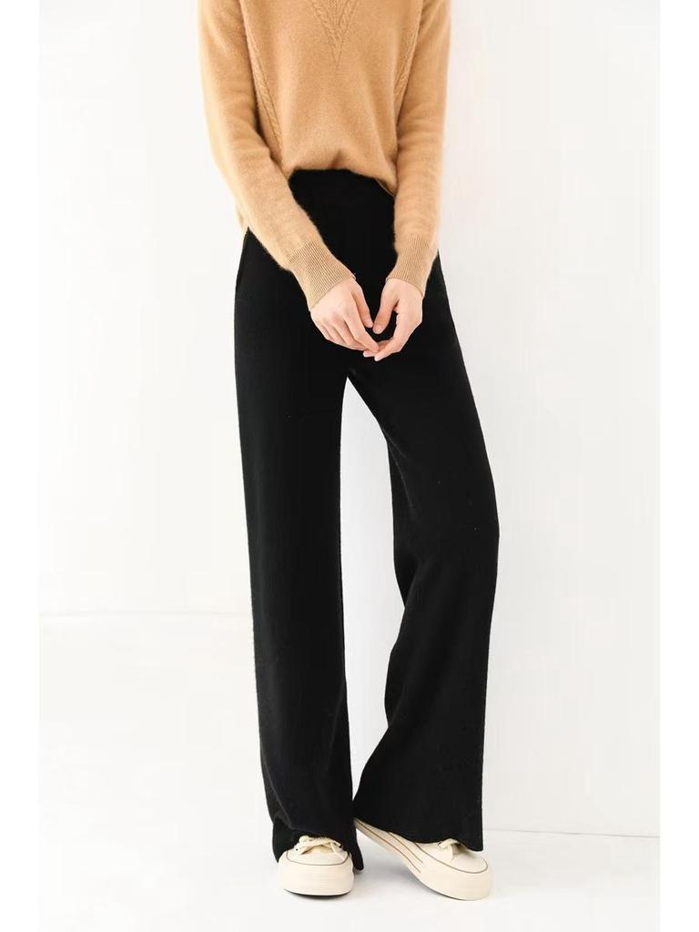 Damskie spodnie z szerokimi nogawkami ze 100% wełny z wysokim stanem na jesień/zimę - Pogrubione, ciepłe i luźne