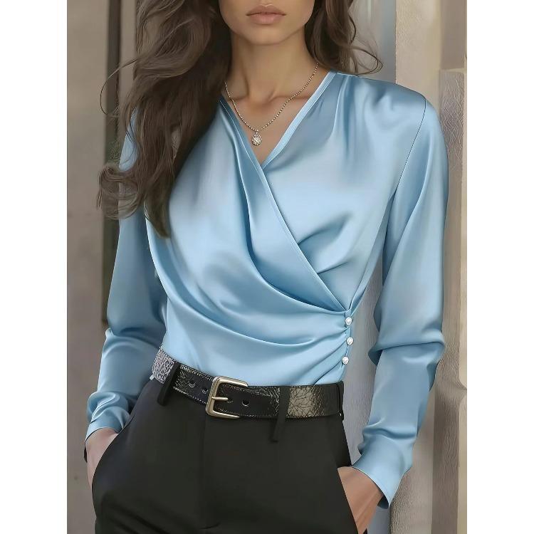 Women's Dark Gray Satin Long Sleeve V Neck Top with Side Pleat and Three Buttons