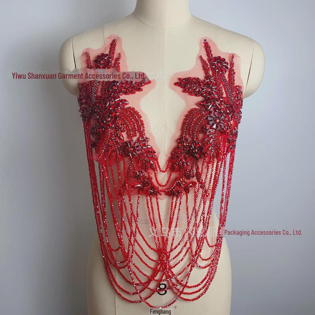 Handmade Beaded Tassel Wedding Dress Shoulder Ornaments with Crystal Diamond Lace Applique