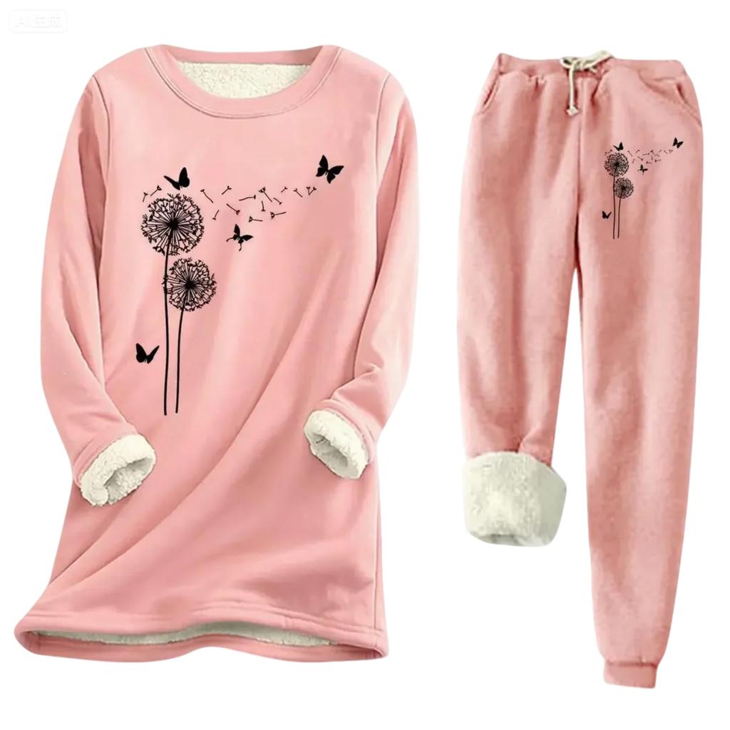 Women's Print Round Neck Warm Suit Long Sleeve Fleece Drawstring Sweatpants Two-Piece Set