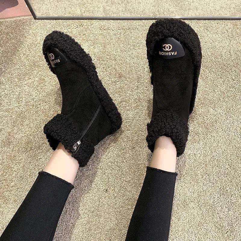 2025 winter new warm velvet cotton shoes women's flat short boots shoes non-slip snow boots women's curly wool shoes