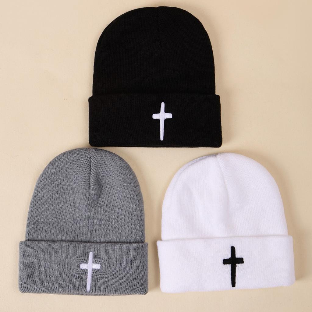 Autumn And Winter Acrylic Cross Embroidered Knitted Hat Men And Women Versatile Trend Wool Hat Hip Hop Cold