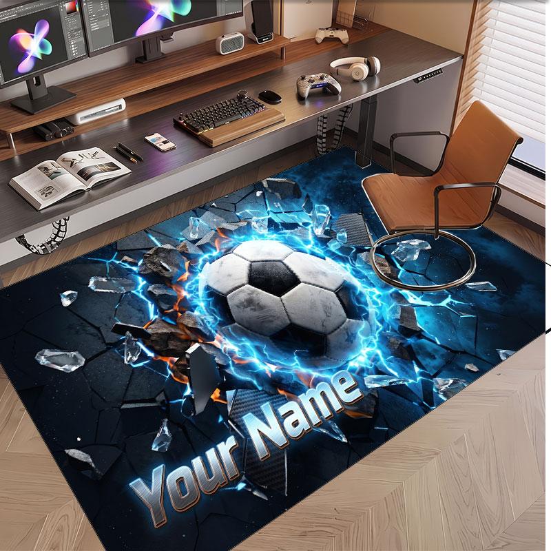 Fußball-Thema Weicher Kristall-Samt Teppich Benutzerdefinierter Name & Text Druck Rutschfester Boden Teppich für Schlafzimmer Wohnzimmer