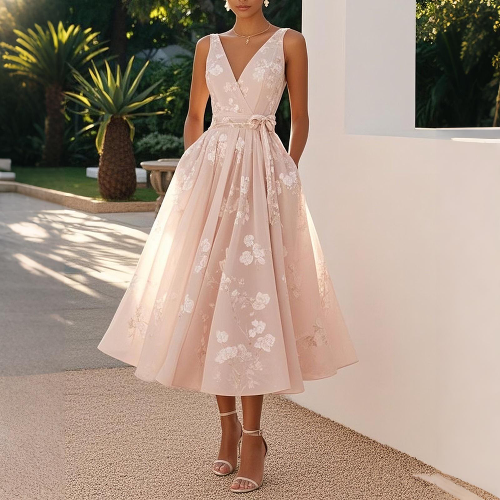 Sleeveless V Neck Floral Print Midi Dress Wrap Waist Tie Elegant Evening Party Dress for Women L