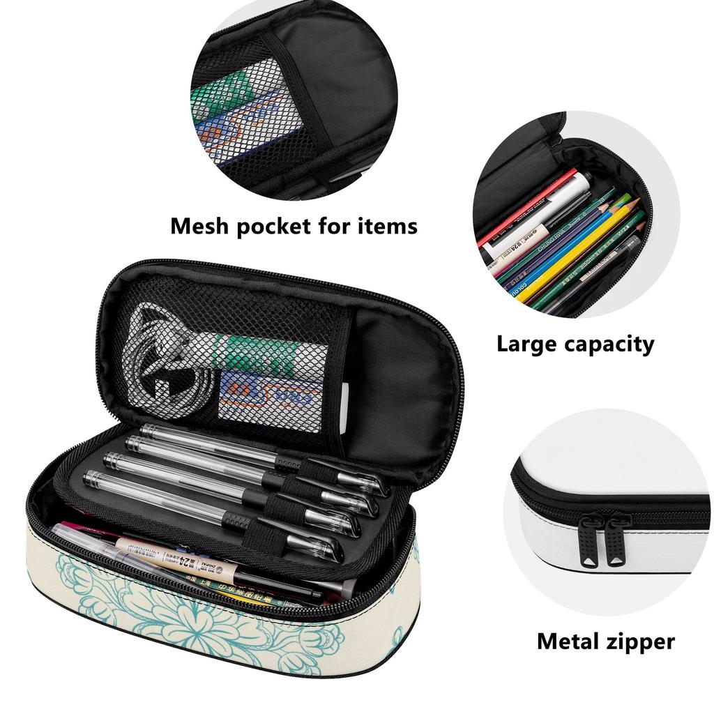 Pencil Case 300D Polyester Practical Secure Zipper Closure with Main Compartment Mesh Pocket and Pen Slots for Daily School Use