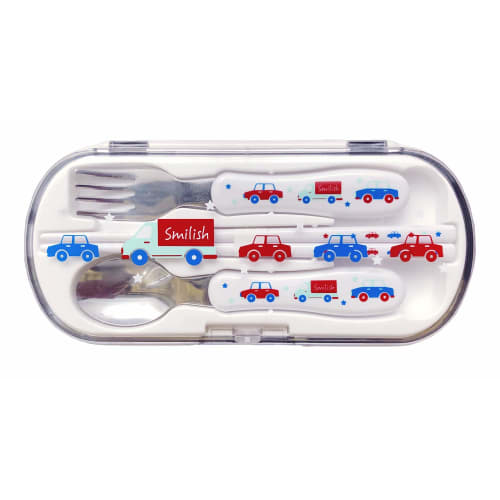 Cutlery set (chopsticks, spoon, fork with name sticker) Car pattern Made in Japan