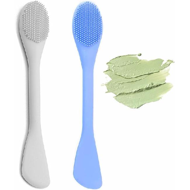 2 in 1 Facial Cleansing Brush&Silicone Face Mask Applicator, 2PCS Face Mask Brush Face Scrubber for Exfoliating, Massaging, Remove Blackheads, Blue and Grey