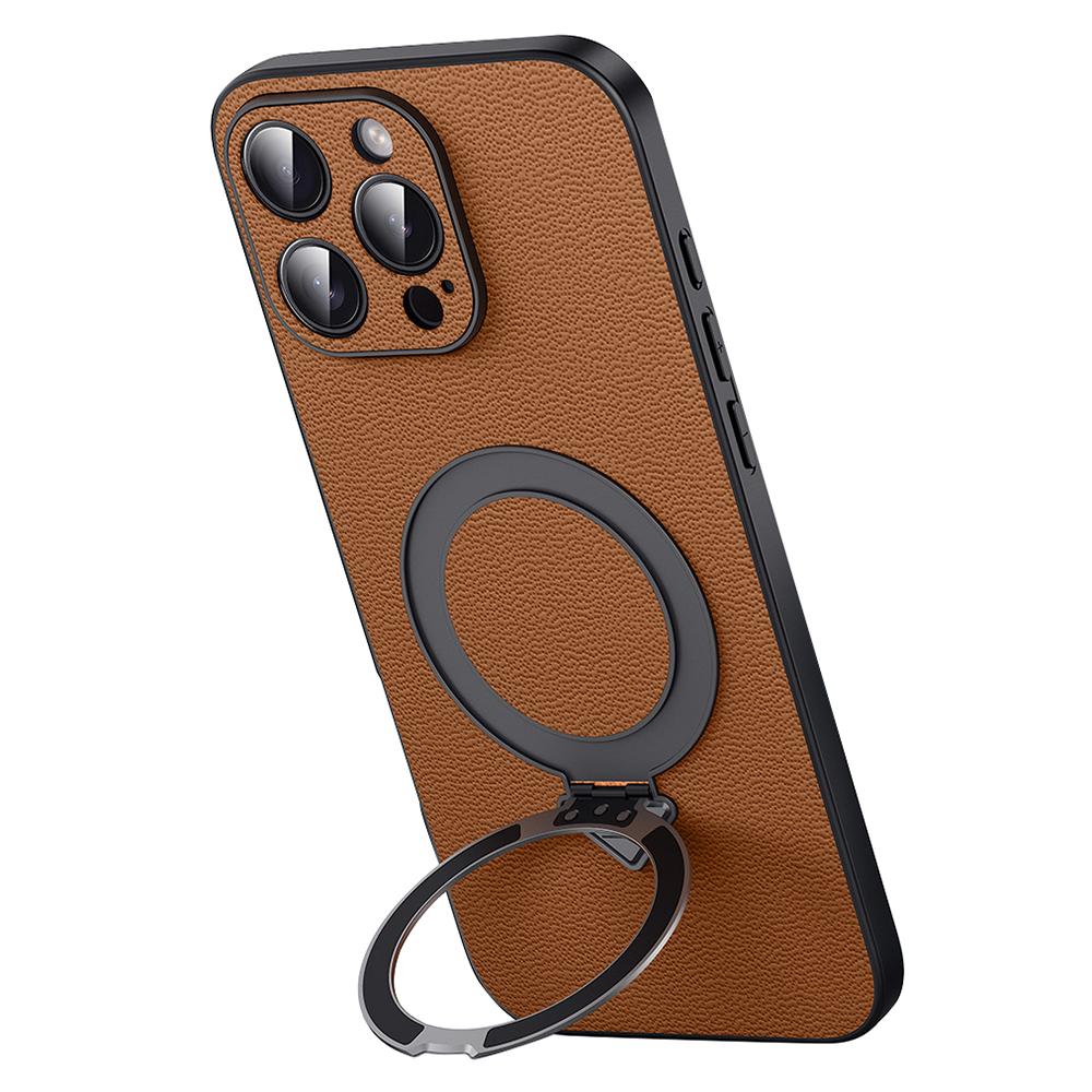 For iPhone 15 Pro Max Case Compatible with MagSafe Genuine Cow Leather+PC Kickstand Phone Cover