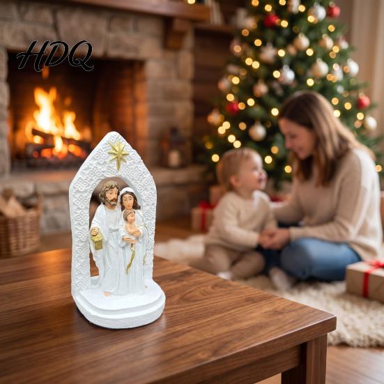 Holy Family Christmas Decor Religious Figurine Resin Sculpture of Mary Joseph & Tabletop Figurine Baby Jesus Hand-Painted Christian for Home,