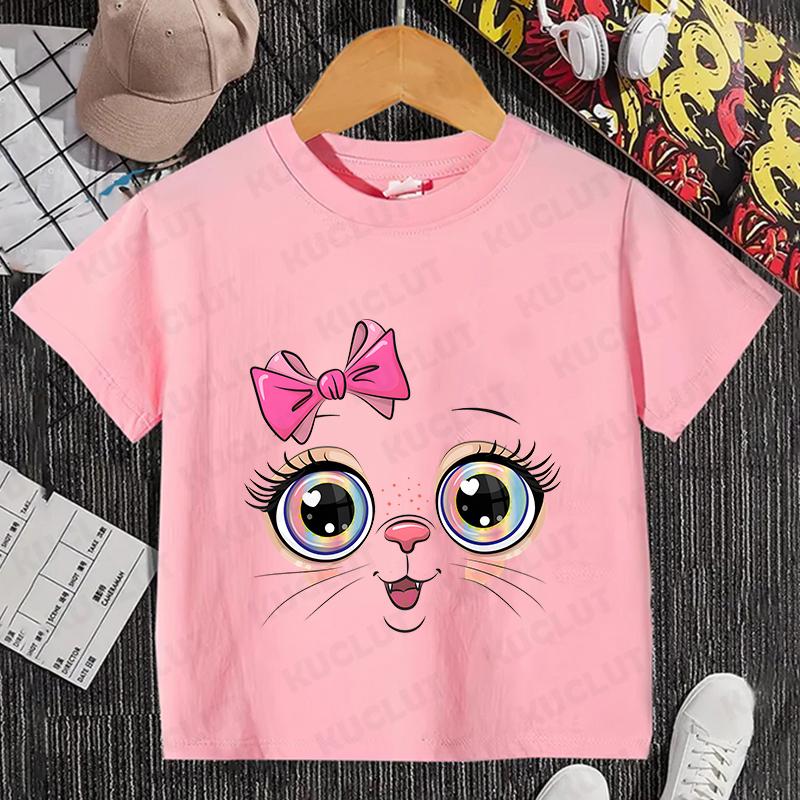 Kids T Shirt Flower Cat Graphic Anime Shirt Summer Girls Floral Kitty Tops Short Sleeve Tee Cute Animal Cartoon Cat White Tshirt