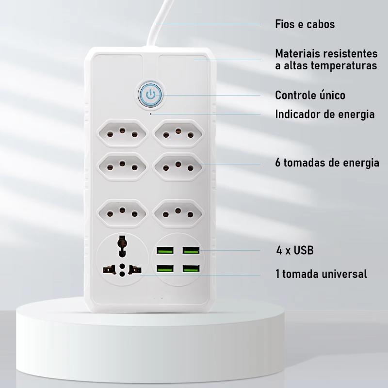 Wall Mount Power Extension Socket with USB Fast Charging Line Filter Voltage Regulator 6 Outlets 4 USB Ports 2M Cord for Workshop Use