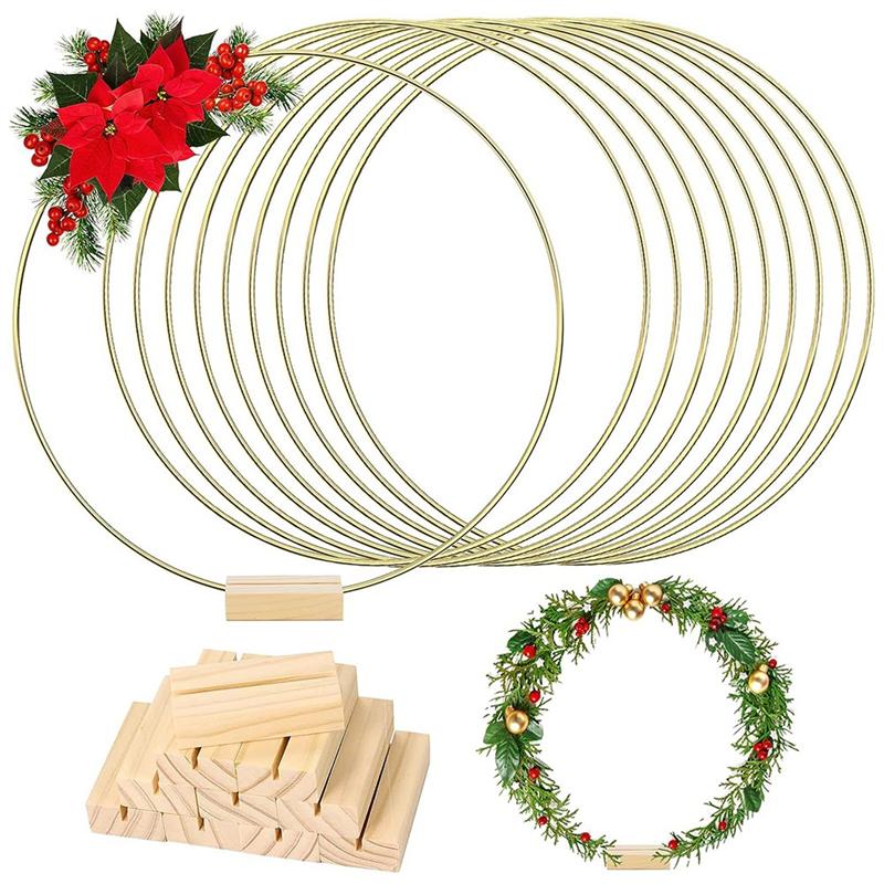 M-Modern-10 Packs 10 Inch Metal Floral Hoop Centerpiece With 10 Packs Wood Place Card Holders, Gold Hoop Centerpieces For Table