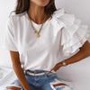 T-shirt con scollo a O e maniche con volant in nylon Top da donna tinta unita Abbigliamento da donna