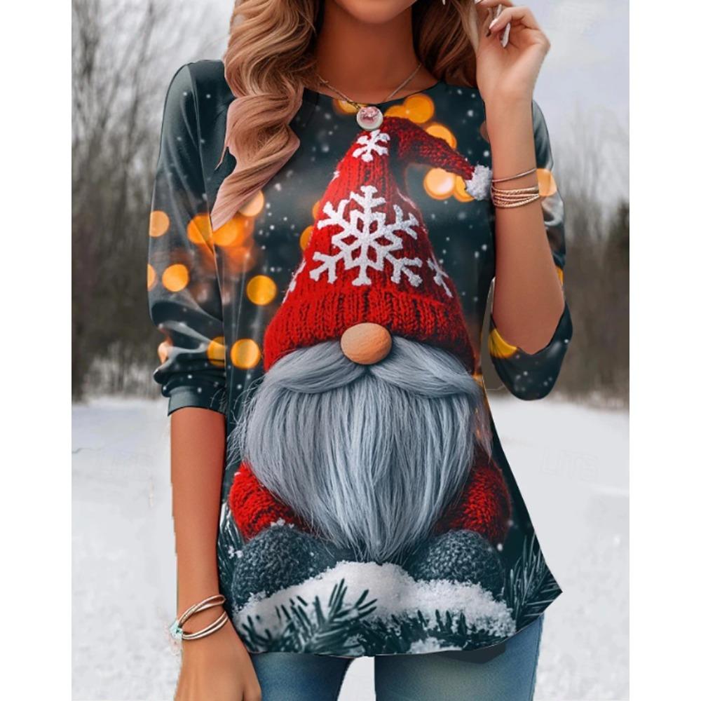 Tops for Women Christmas pattern Round Neck Long Sleeve T-shirt Fall Casual Slim Pullover Women's Long Sleeve Top