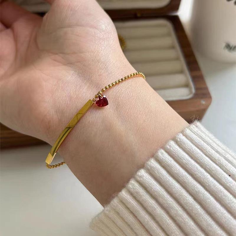 316L Stainless steel New fashion fine  Simple red heart zircon charm beaded chain bracelet for women