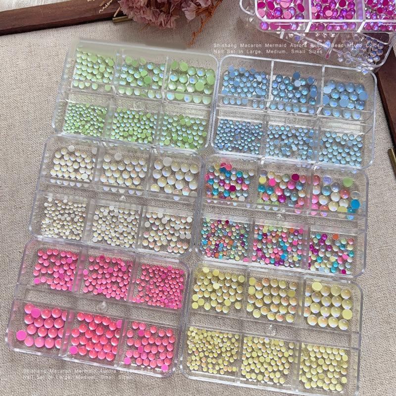 Colorful Mermaid Bubble Bead Half Round Flat Bottom Shiny Aurora Size Mixed Candy Color Nail Art Accessories Decoration Manicure