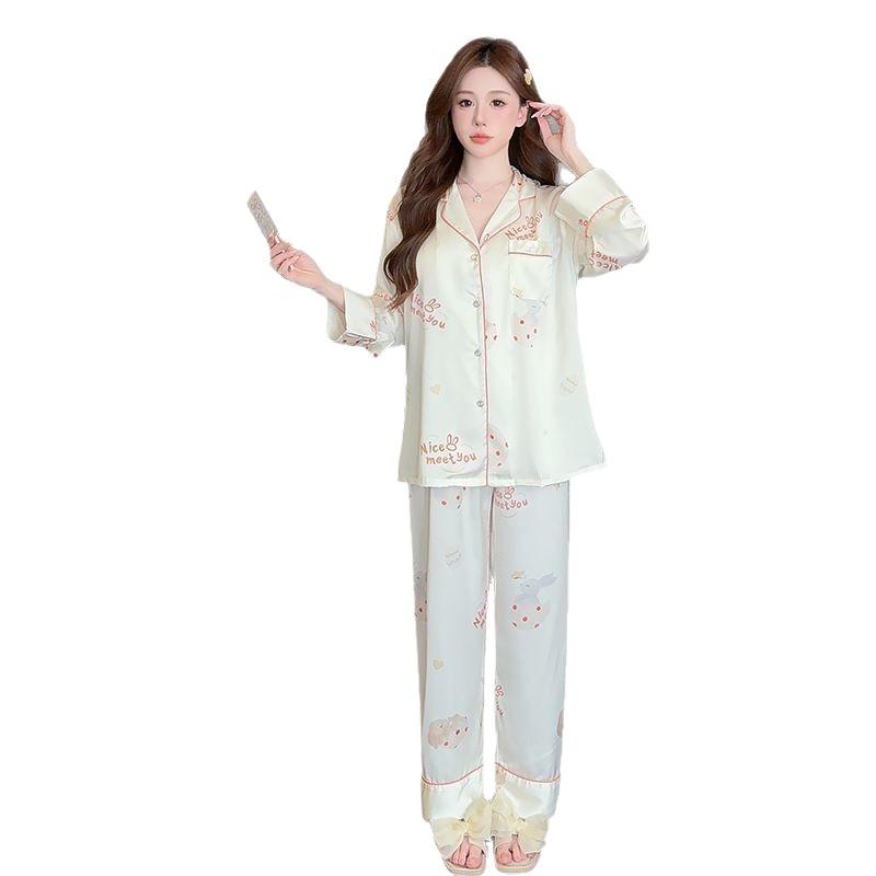 1011 New Ice Silk Pajamas Women's Spring and Autumn Simulation Silk High-end Long Sleeve Pants Set Summer Home